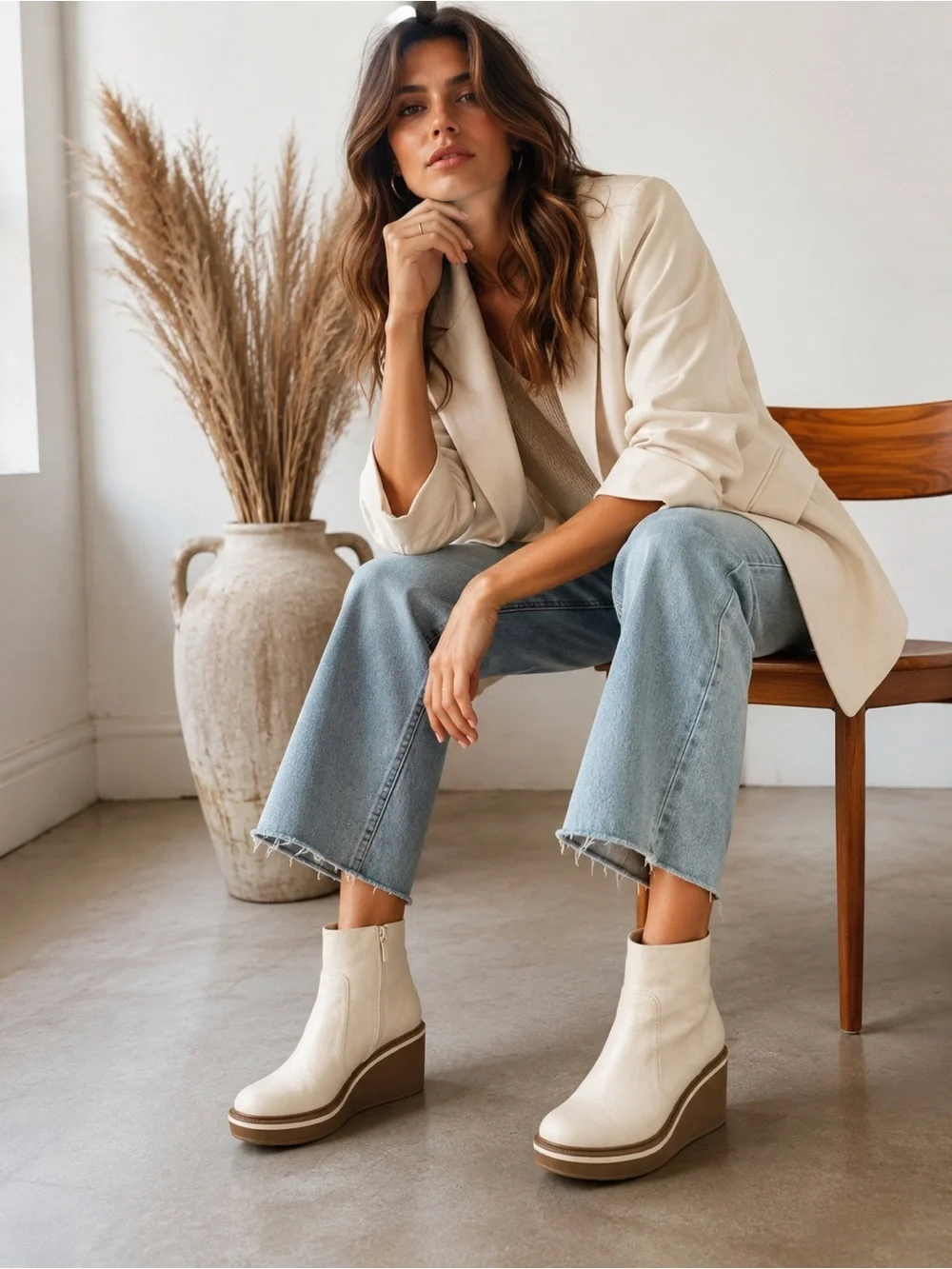 LO.SANJI Cream Leather Platform Wedge Ankle Boots Rear Zip Size 11 Brazil